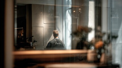 Naklejka premium Hairstylist Engaged in Work With Mirror Reflection Highlighting Subtle Interior Design Elements in a Modern Salon Setting