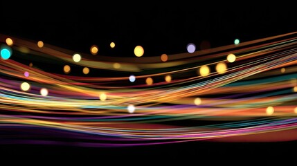 Abstract flowing lines of vibrant color on a black background, dotted with glowing light points