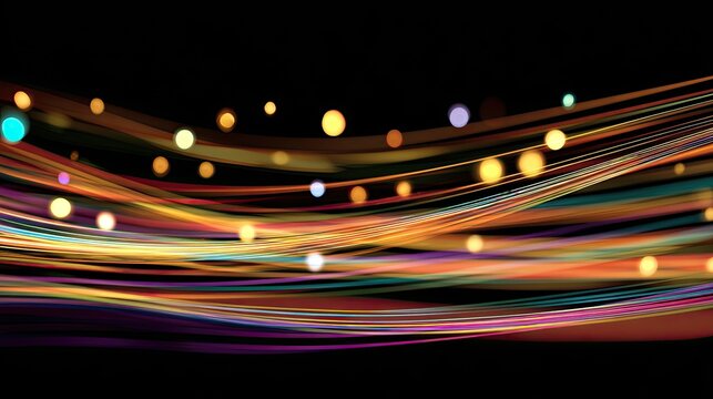 Abstract flowing lines of vibrant color on a black background, dotted with glowing light points