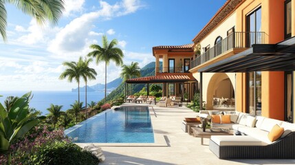 Luxurious oceanfront villa with infinity pool, outdoor dining, tropical setting