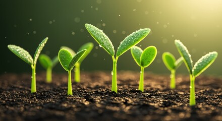 Young Green Sprouts with Water Droplets in Sunlight.