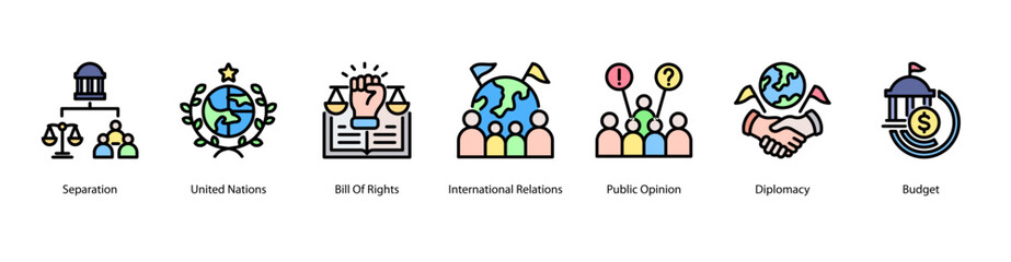 Political Foundations web banner icon vector illustration for separation of power, United Nations, Bill of Rights, international relations, public opinion, diplomacy, and budget.