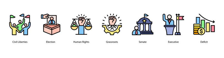 Obraz premium Civil Participation web banner icon vector illustration for civil liberties, election process, human rights, grassroots movements, and legislative systems like senate and executive branches.