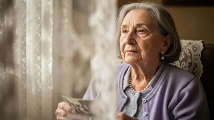 World Alzheimer’s Day – Italian Grandmother Holding Old Photograph in Sunlit Room | Memory, care, fragility, high detail.