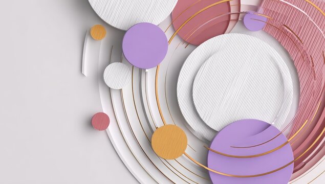 Abstract geometric design with circles, light-colored background.  Layered circles and rings in white, rose, purple, and gold.  Minimalist aesthetic