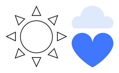 Sun with triangular rays, blue heart beneath a light gray cloud. Ideal for weather, emotion, energy, positivity, love, nature, motivation and a simple landing page