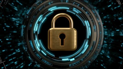 Golden padlock symbol center of futuristic digital blue circular interface representing advanced security and protection technology with golden lock icon enhancing digital cybersecurity and data - Powered by Adobe