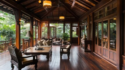 Luxurious wooden veranda overlooking lush garden