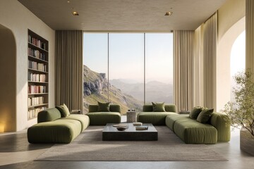 Modern living room with mountain views.  Neutral color palette, plush olive green sectional, large windows, and built-in shelving
