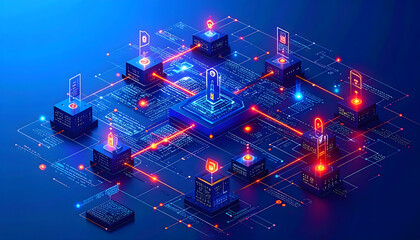 Isometric digital network visualization of secure data flow between interconnected servers. Concept of cybersecurity and information technology.