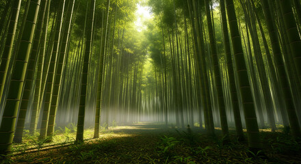 A sunlit path winds through a dense bamboo forest, with rays of light filtering through the tall green stalks and a misty haze