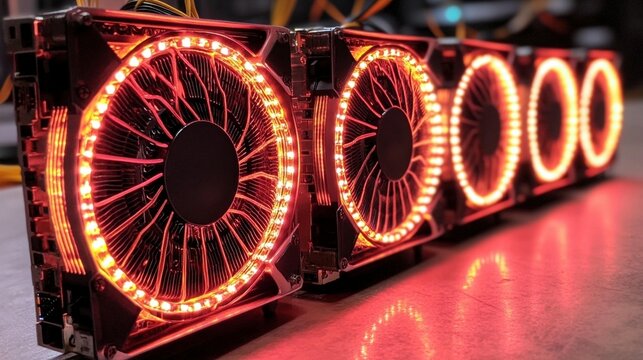 Row of glowing computer components with red LED lights around cooling fans