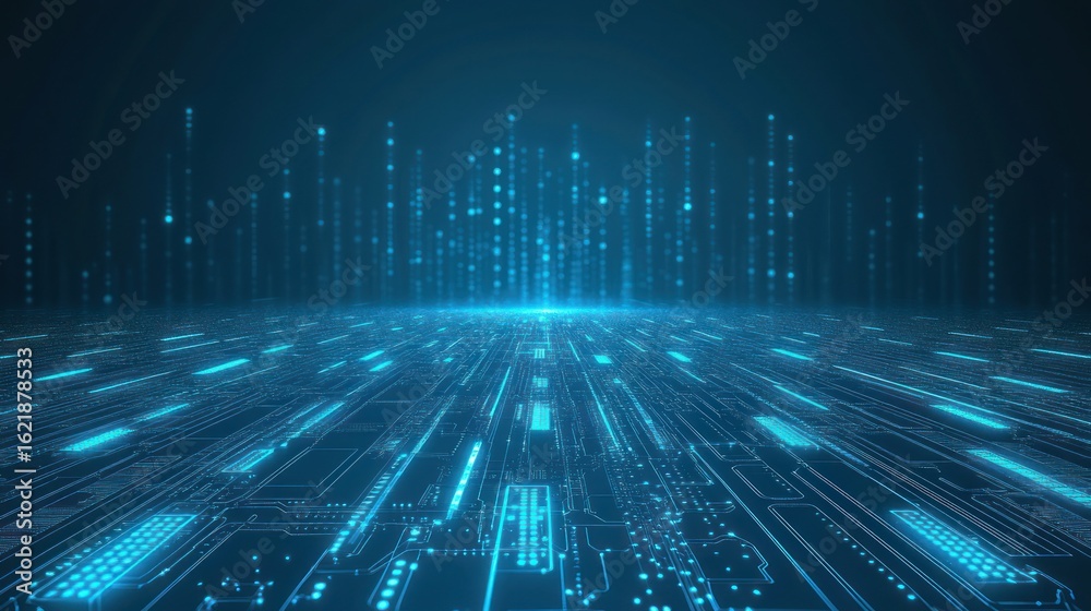 Wall mural futuristic digital grid landscape with glowing blue data streams and abstract circuit lines