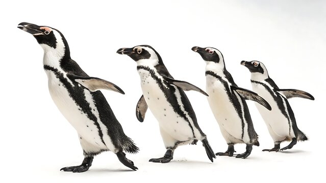 A row of african penguins walking isolated on white background