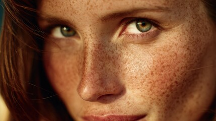 Fototapeta premium Model Showcases Glowing Skin and Freckles in Natural Lighting During Golden Hour at a Serene Outdoor Location