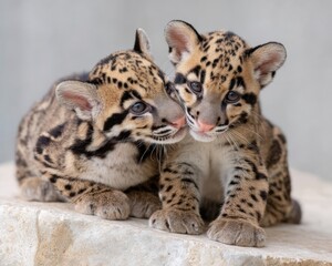 Fototapeta premium Premium Clouded Leopard Cubs Playing Close on Stone Authentic Joyful Wildlife Bonding for International Clouded Leopard Day and Spring Earth Day Campaigns
