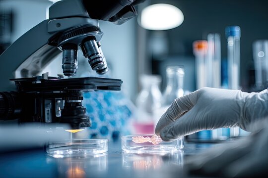 Close-up lab scene, microscope and petri dish with sample
