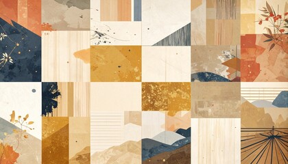 和紙と筆文字風テクスチャの重なり背景