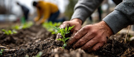 Authentic Community Garden Volunteer Planting Seedlings Premium Eco-Friendly Lifestyle Content for Millennial Environmental Campaigns and Social Media