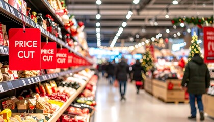 Festive shopping experience with seasonal offers and price reductions on display throughout