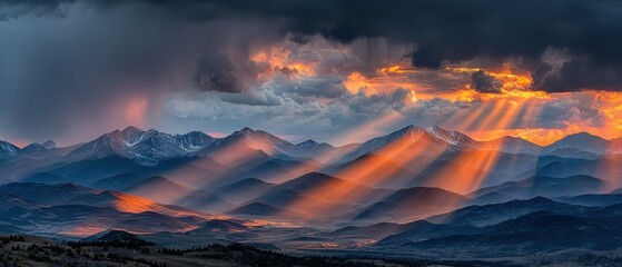 Mountainous landscape bathed in golden sunset rays