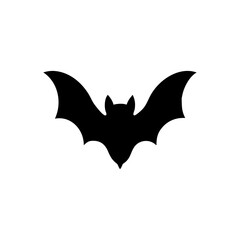 Silhouette of a bat in flight, wings spread wide, simple black design.