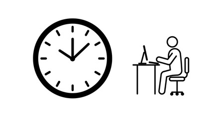 Office work and time management concept. Simple black and white outline illustration of a worker at a desk and a clock.