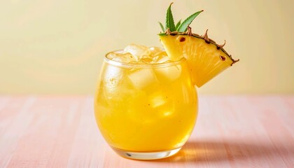 Tropical pineapple cocktail in a clear round glass, pineapple garnish, and ice, isolated on white