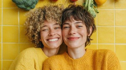Authentic Millennial Lesbian Couple Smiling Together in Bright Kitchen Premium Lifestyle Content for Inclusive Marketing and Social Media Campaigns