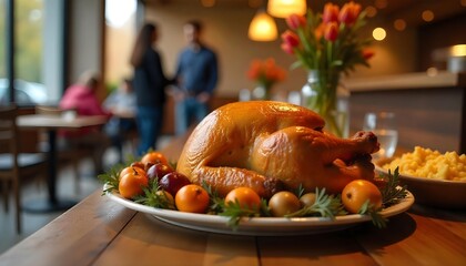 A festive table with friends enjoying a roast turkey and pumpkin pie, embodying gratitude and warmth during the autumn season