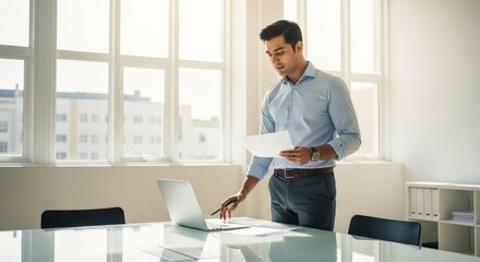 Businessman reviewing documents near laptop in office setting.