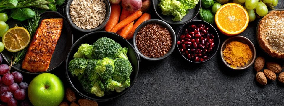 Assorted healthy foods arranged on a dark surface (1)