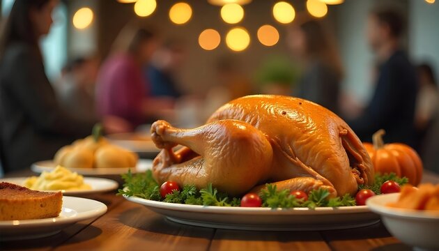 A cozy Friendsgiving gathering with friends at a table, featuring a roast turkey and pumpkin pie in a warm autumn setting