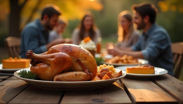 Family members celebrate Thanksgiving at a table filled with roast turkey and pumpkin pie, surrounded by a cozy home ambiance