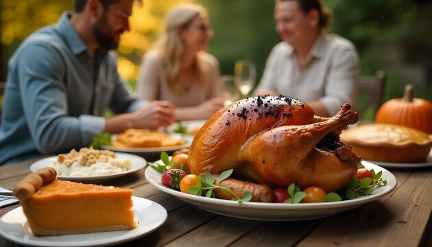 A joyful family enjoys Thanksgiving dinner together, featuring roast turkey and pumpkin pie in a warm, inviting home