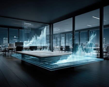 Futuristic office with floating data display