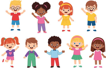 Diverse happy children waving hands, joyful expression, colorful outfits, inclusive cartoon kids, multicultural celebration, playful youth group illustration concept