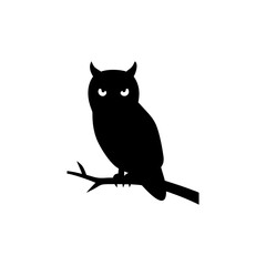Silhouette of an owl perched on a branch, featuring small horn-like tufts and wide eyes.