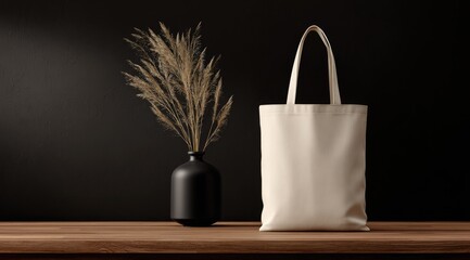 Beige tote bag beside vase with dried flowers on wood
