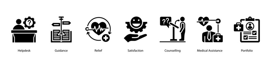 Customer Support web banner icon vector illustration featuring Helpdesk, Guidance, Relief, Satisfaction, Counselling, Medical Assistance, and Portfolio.
