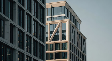 Modern geometric office building exterior features large glass windows and angular architectural details creating urban business district skyline with contemporary minimalistic design