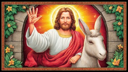 Religious artwork depicting a holy figure with a donkey.