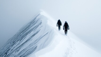 extreme mountain climbing expedition in icy storm conditions