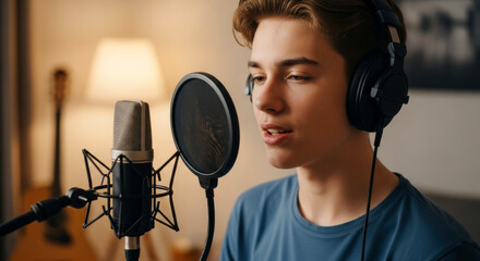 teen boy wearing headphones singing into professional microphone at home recording studio, focused young vocalist practicing singing skills for music production