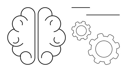 Outline of a brain next to two gears and horizontal lines, symbolizing mental processes, creativity, innovation, and collaboration. Ideal for concepts, problem-solving, learning, teamwork business