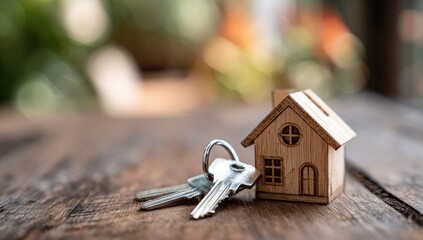 Wooden house model and keys on table (1)