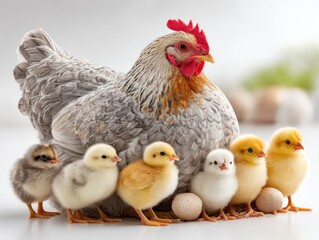 Fototapeta premium Hen and chicks on white background
