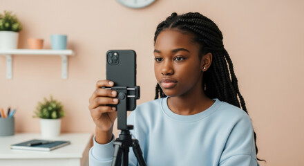 Focused young woman creating content using smartphone on tripod at home office, confident vlogger recording video for social media platform in modern workspace