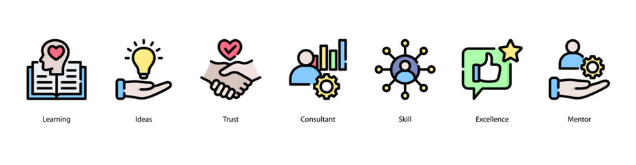 Learning Path web banner icon vector illustration featuring Learning, Ideas, Trust, Consultant, Skill, Excellence, and Mentor.