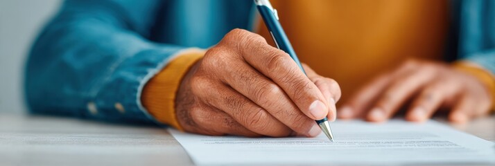 Professional close-up of person signing divorce settlement form on desk, authentic legal paperwork for family law marketing and compliance, high-quality business content